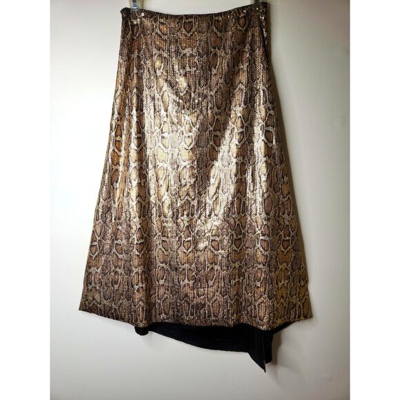 Snake Print Sequin Midi Skirt A-Line Hi Low Slit Gold Brown Party Sexy Mob Wife - Picture 4 of 8